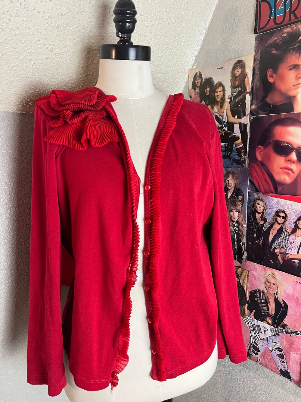 Rafaella Red Ruffle-Trim Cardigan with Flower Accent